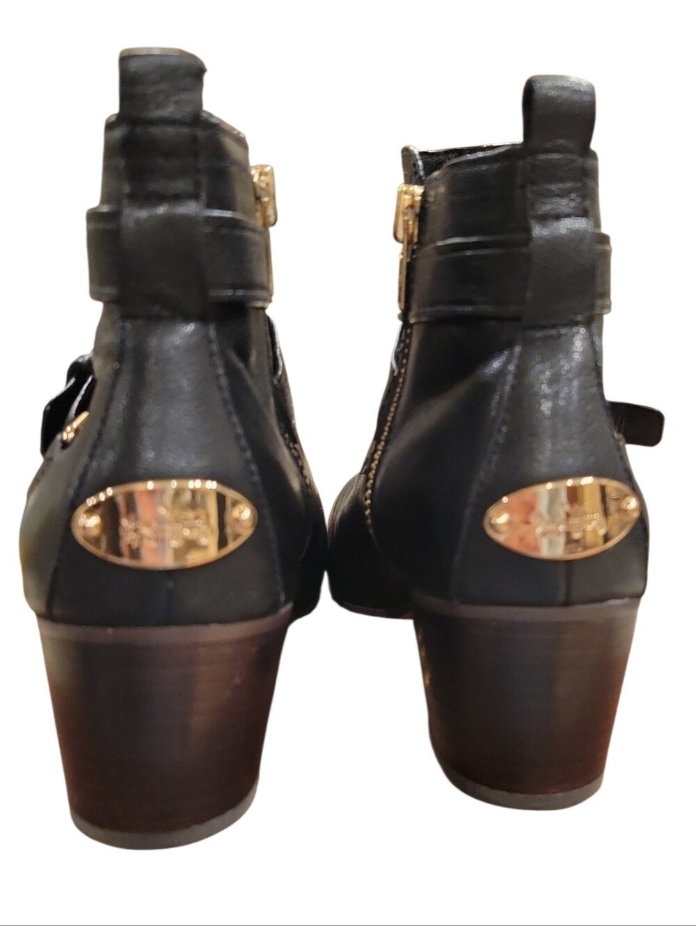 COACH Black Leather Ankle Boots with Gold Buckle Size 7 - Picture 2 of 9